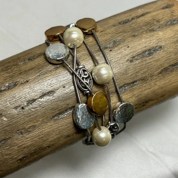 Brighton Mediterranean Bracelet Mixed Metals Hammered Two-tone Disks 8" - Picture 2 of 7